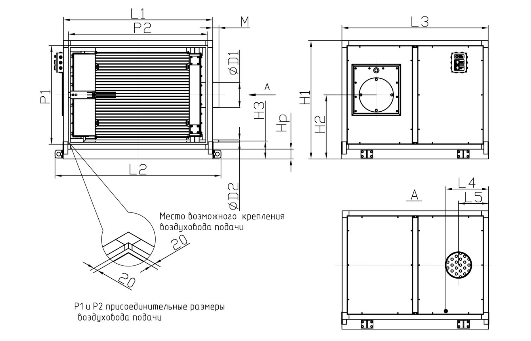 Размеры воздухонагревателя TITAN AIR VBH VBHp горизонтального исполнения (без секции вентиляции, подача воздуха направо)
